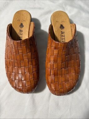 Aztec Woven Leather Slides Cognac Brown Mules Slip On Shoes US 7